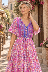 Lavender Reverie purple-pink floral maxi dress, AI-generated model, editorial detail