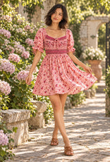 Meadow Serenade pink floral mini dress, AI-generated model, editorial movement