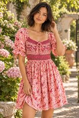 Meadow Serenade pink floral mini dress, AI-generated model, editorial detail