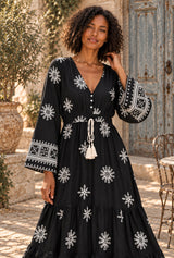 Starlit Nomad black floral maxi dress, AI-generated model, editorial detail