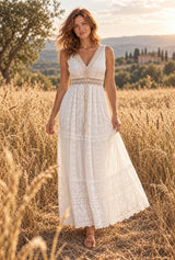 Ivory Reverie white lace maxi dress, AI-generated model, editorial hero