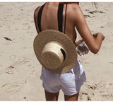 Boho Hat - Summer Sun, Beach, Wide Brim Straw Hat with Minnie Black Ribbon