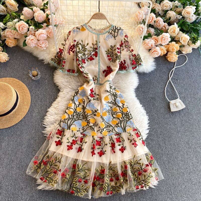 SMTHMA New 2022 Fashion Runway Summer Dress Women's Flare Sleeve Floral Embroidery Elegant Mesh Hollow Out Mini Dresses Vestidos