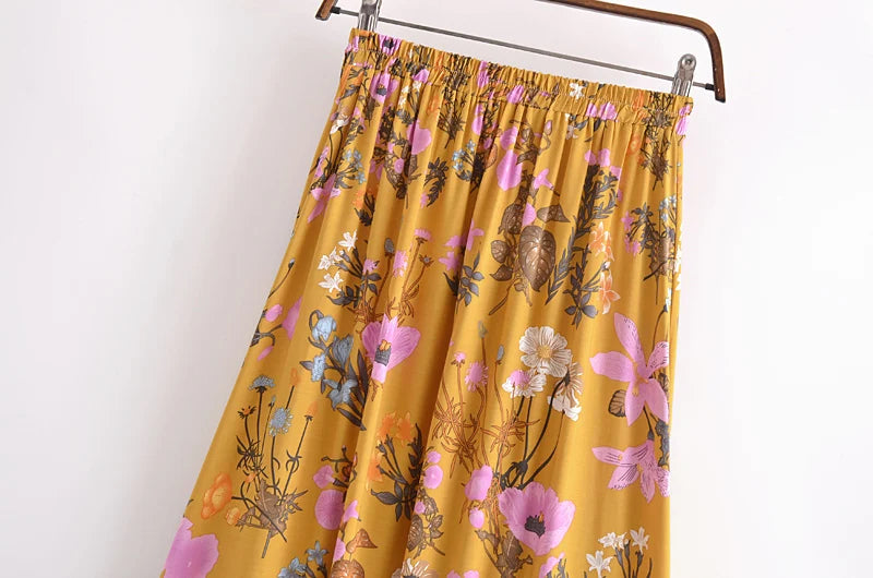 Boho Maxi Skirt – Marigold Floral Hippie Style Skirt in Mustard Yellow for Women, Summer, and Festivals