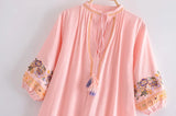 Boho Mini Dress – “Blush Botanica” Pink Floral Embroidered Tassel-Tie Dress