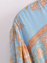 Boho Mini Dress – “Apricot Sky” Light Blue Floral Long Sleeve Tie-Neck Dress