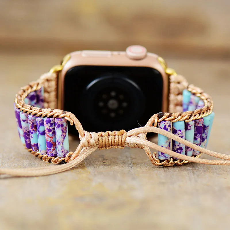 Boho Apple Watch Band Semiprecious Lapis Beaded Wrist Bracelet Rope Wild Rose Boho