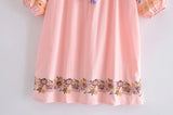 Boho Mini Dress – “Blush Botanica” Pink Floral Embroidered Tassel-Tie Dress