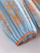 Boho Mini Dress – “Apricot Sky” Light Blue Floral Long Sleeve Tie-Neck Dress