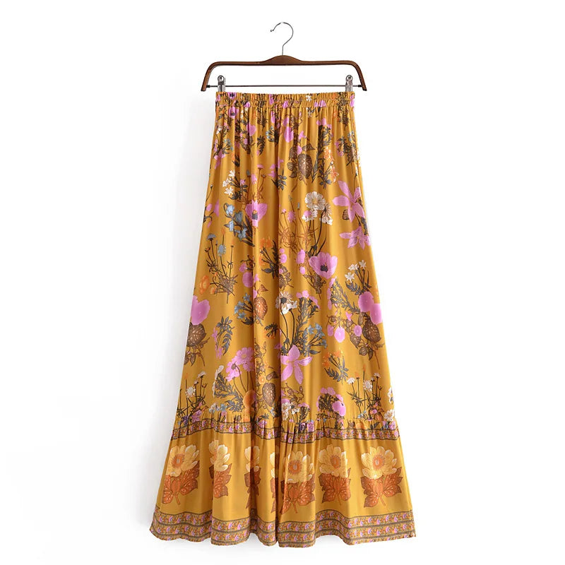 Boho Maxi Skirt – Marigold Floral Hippie Style Skirt in Mustard Yellow for Women, Summer, and Festivals