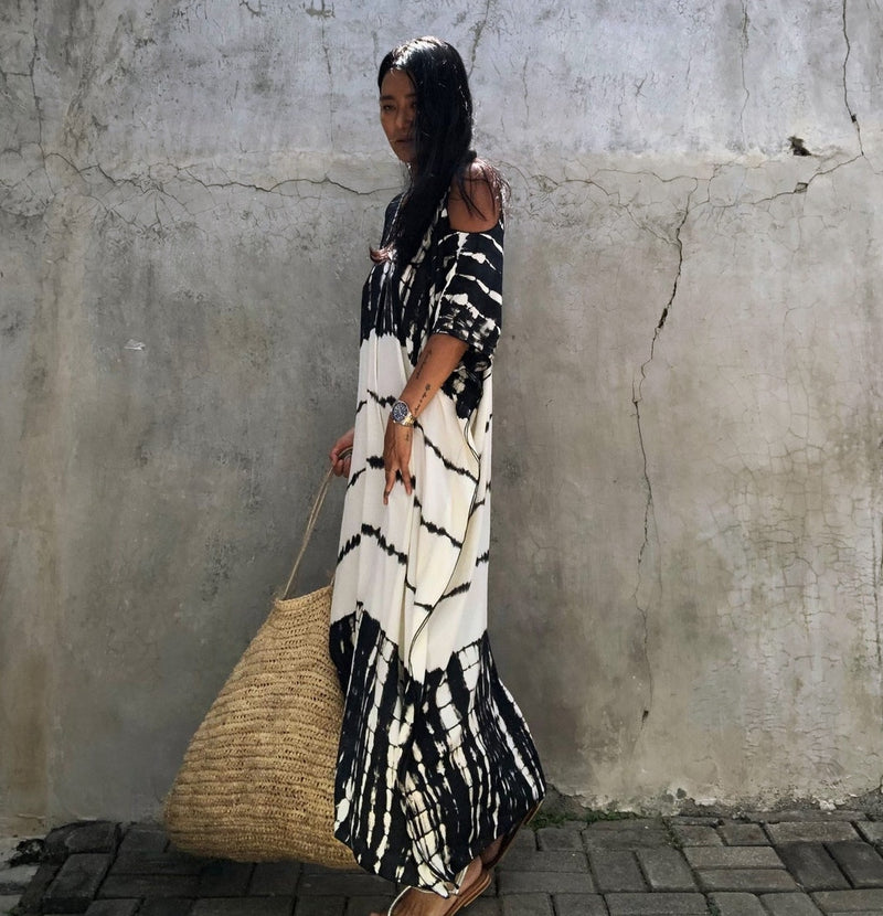 Beach Dress, Cover up Dress,, Kaftan Dress, Black & White Tie Dye Prin Wild Rose Boho Beach Dress, Cover up Dress,, Kaftan Dress, Black & White Tie Dye Prin Wild Rose Boho