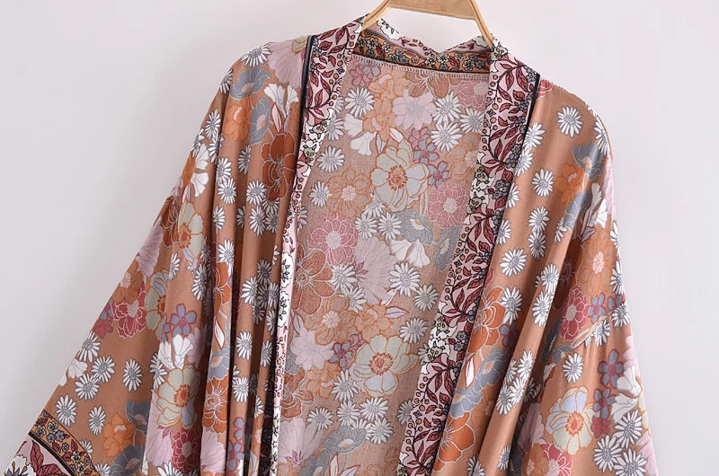 Bohemian Kimono Robe – “Gabriella”  Dusty Brown Short Cover-Up for Beach or Lounge
