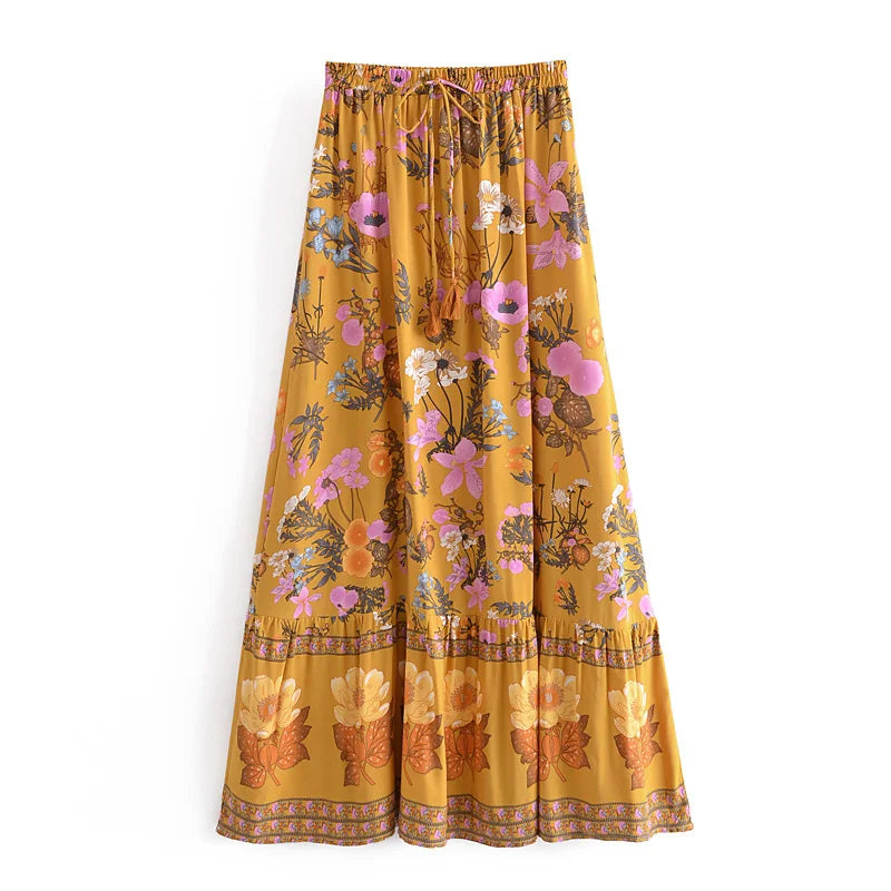 Boho Maxi Skirt – Marigold Floral Hippie Style Skirt in Mustard Yellow for Women, Summer, and Festivals