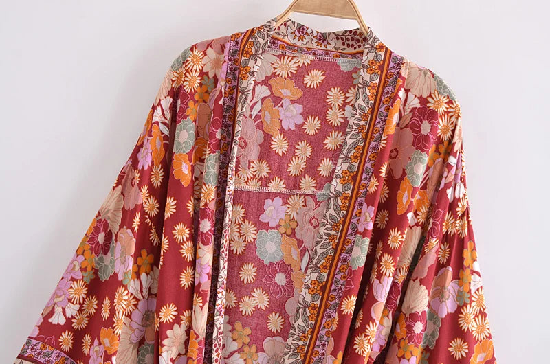 Bohemian Kimono Robe – “Gabriella”  Dusty Brown Short Cover-Up for Beach or Lounge