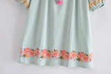 Boho Mini Dress – “Blush Botanica” Pink Floral Embroidered Tassel-Tie Dress