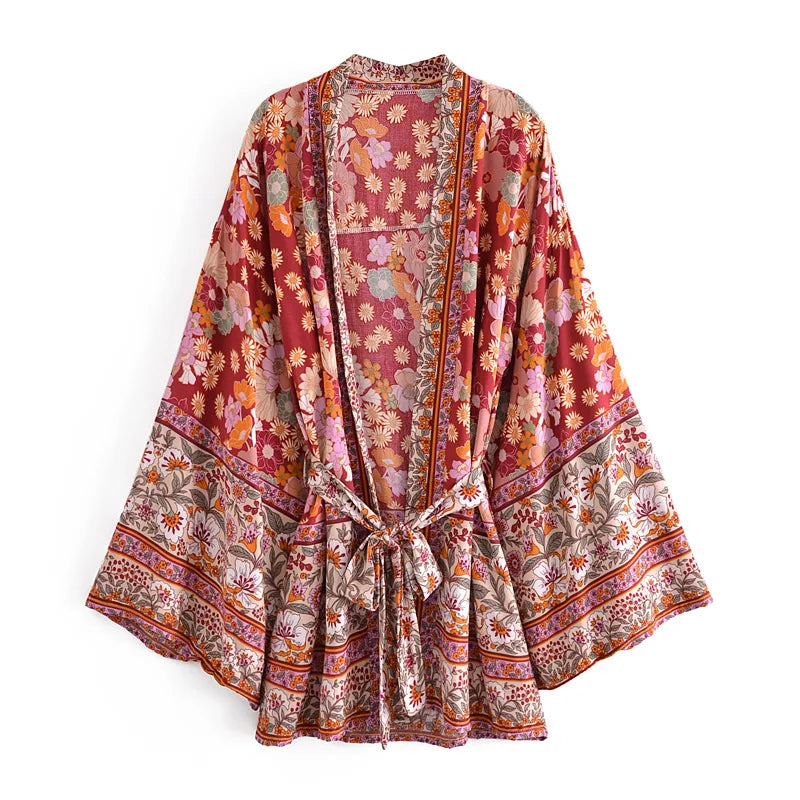 Bohemian Kimono Robe – “Gabriella” Currant Red Short Cover-Up for Beach or Lounge