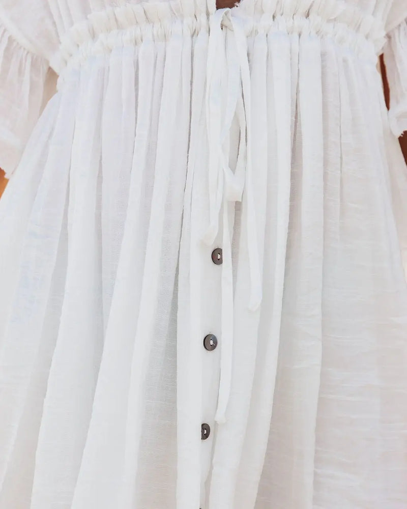 Boho Mini Dress – Boho White Dres – “Bare Grace” Deep V Ruffle Sleeve Mini Sundress