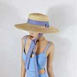 Boho Sun Beach Hat - Wide Striped Ribbon Straw Hat