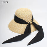 Boho Sun Beach Hat - Wide Brim Wheat Straw Hat with Black Ribbon