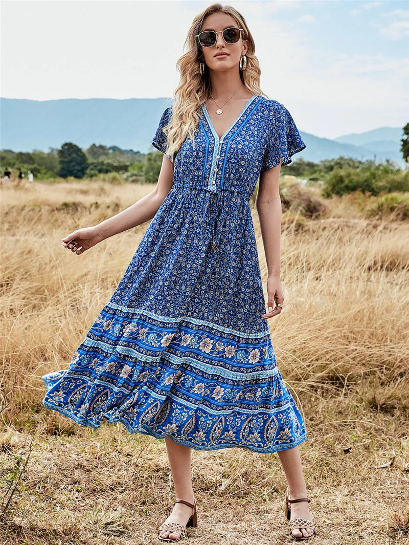 Boho Maxi Dress - Summer Dress Ocean Bloom Flowy V-Neck Sundress in Teal & Brick Floral Print Brown / S Boho Maxi Dress - Summer Dress Ocean Bloom Flowy V-Neck Sundress in Teal & Brick Floral Print Brown / S