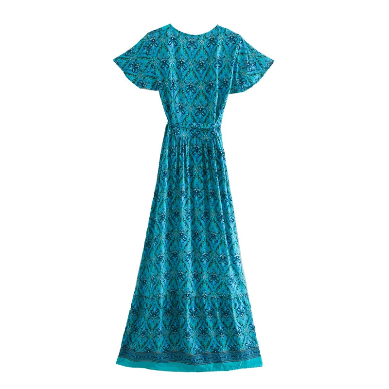 Salma's Boho, Gypsy, Trendy, Summer, Short sleeves, Robe, Stylish, Vintage, Midi Dress Green-Blue / S Salma's Boho, Gypsy, Trendy, Summer, Short sleeves, Robe, Stylish, Vintage, Midi Dress Green-Blue / S