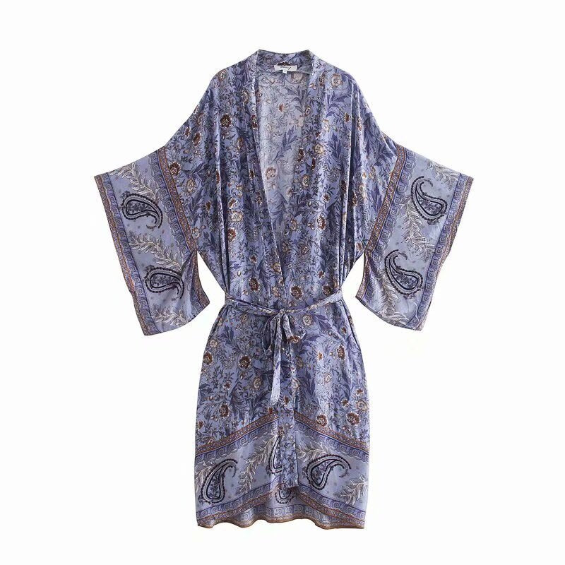 Boho Robe, Kimono Robe,  Beach Cover up, Feather Paisley in Brown