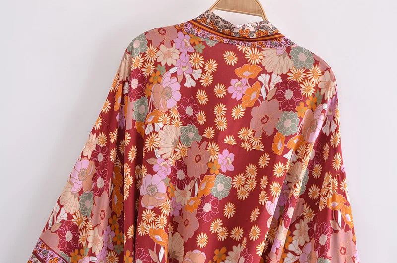 Bohemian Kimono Robe – “Gabriella”  Dusty Brown Short Cover-Up for Beach or Lounge