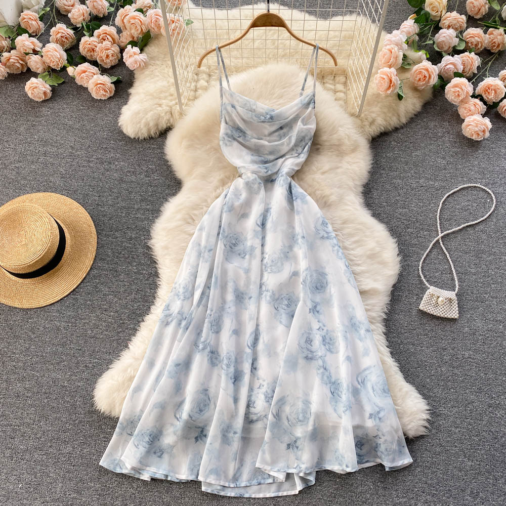 Vintage Dress - Boho Maxi Dress - Floral Print French Women Dress - Summer Strappy Dress Eloise Blue / L