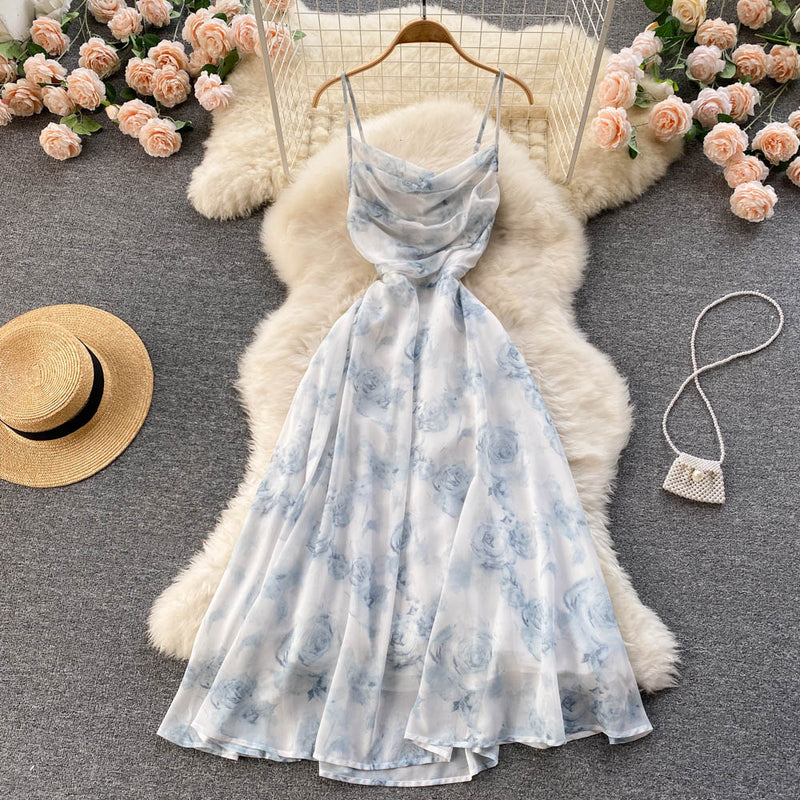 Vintage Dress - Boho Maxi Dress - Floral Print French Women Dress - Summer Strappy Dress Eloise blue / L Vintage Dress - Boho Maxi Dress - Floral Print French Women Dress - Summer Strappy Dress Eloise blue / L