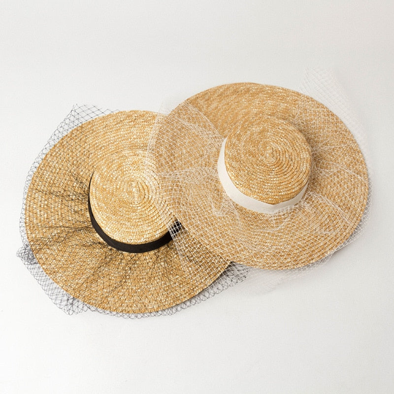 Boho Hat - Summer Hats, Sun Hat, Beach Hat - Wide Brim Straw Hat, Vintage Style with Long Ribbon Mesh Darcy