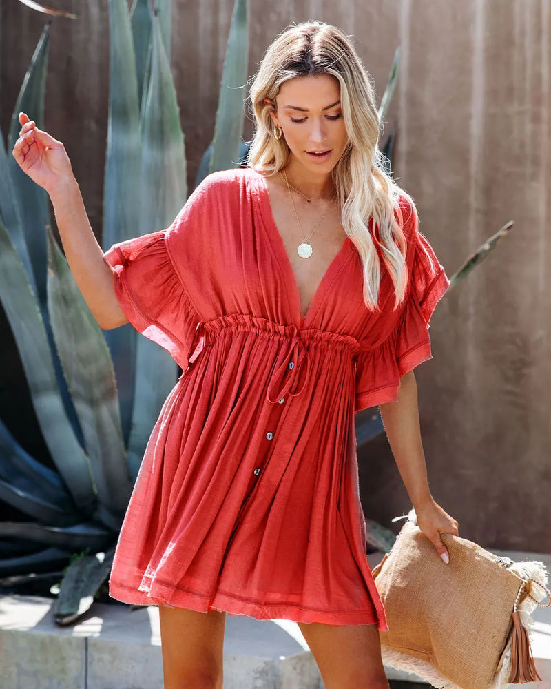 Boho Mini Dress – Boho White Dres – “Bare Grace” Deep V Ruffle Sleeve Mini Sundress