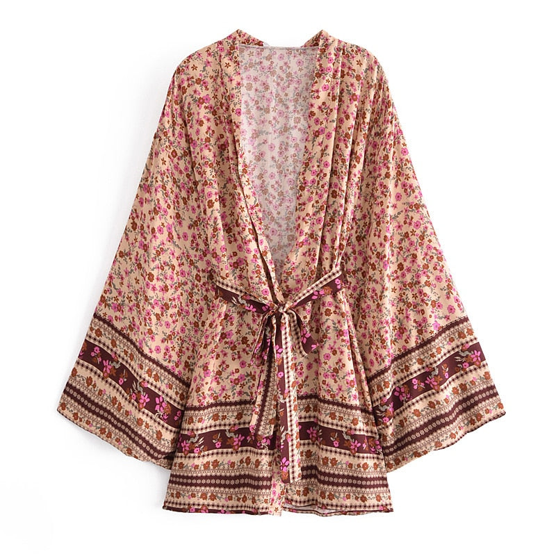 Boho Robe, Kimono Robe, Beach Cover up, Short Robe, Natalia Flower in Pink