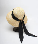 Boho Sun Beach Hat - Wide Brim Wheat Straw Hat with Black Ribbon