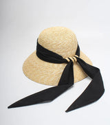 Boho Sun Beach Hat - Wide Brim Wheat Straw Hat with Black Ribbon