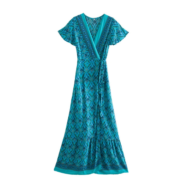 Boho Maxi Wrap Dress – Flowy Turquoise Sundress for Summer Isla