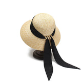 Boho Sun Beach Hat - Wide Brim Wheat Straw Hat with Black Ribbon