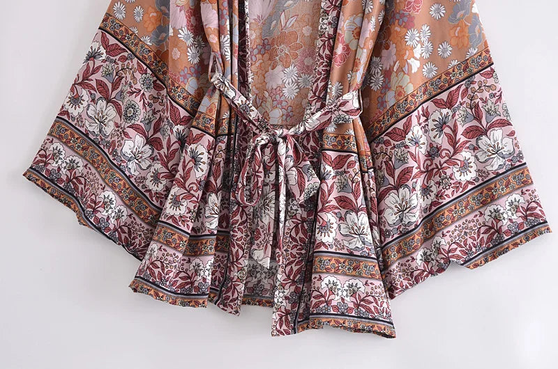 Bohemian Kimono Robe – “Gabriella”  Dusty Brown Short Cover-Up for Beach or Lounge