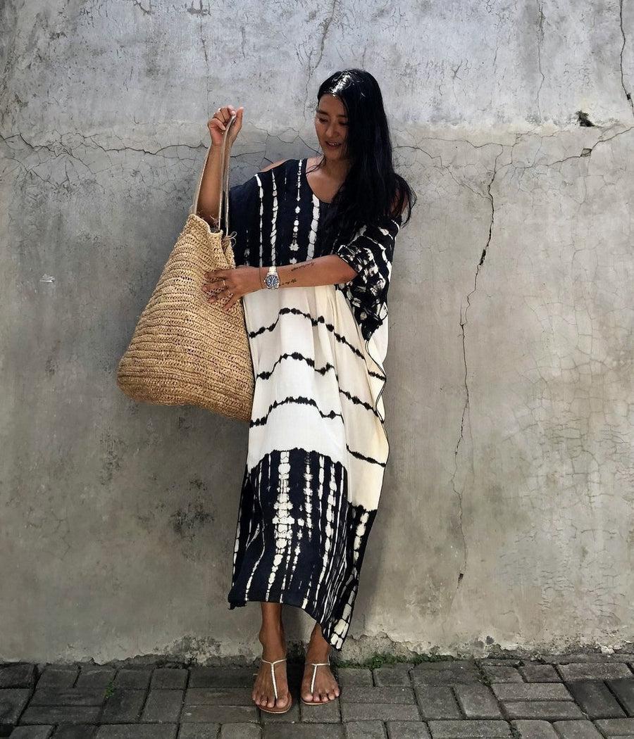 Beach Dress, Cover up Dress,, Kaftan Dress, Black & White Tie Dye Prin –  Wild Rose Boho