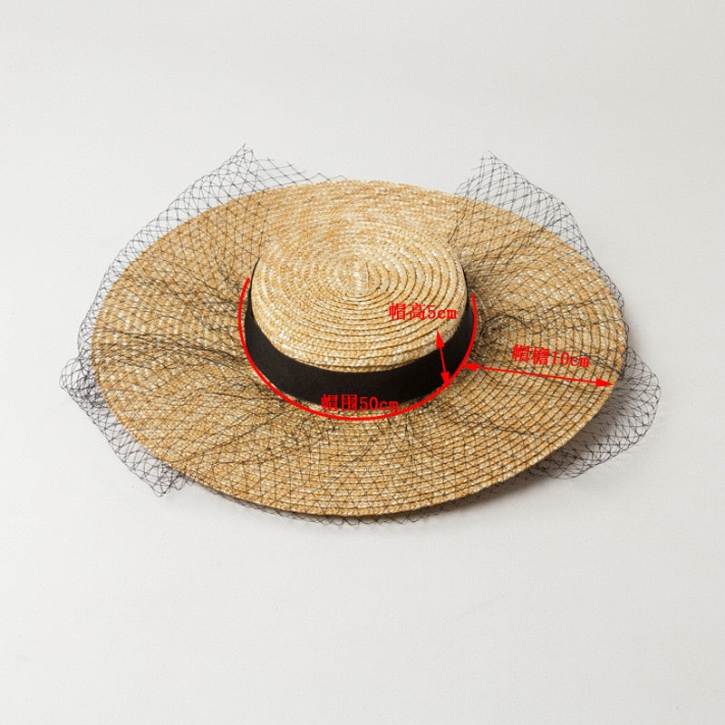 Boho Hat - Summer Hats, Sun Hat, Beach Hat - Wide Brim Straw Hat, Vintage Style with Long Ribbon Mesh Darcy