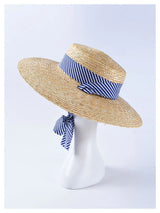 Boho Sun Beach Hat - Wide Striped Ribbon Straw Hat