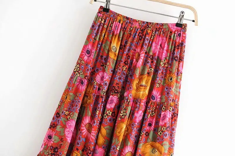 Boho Maxi Skirt – Petuni Floral Hippie Style Skirt in Mustard Yellow for Women, Summer, and Festivals