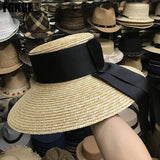 Boho Sun Beach Hat - Wide Brim Straw Hat with Black Ribbon