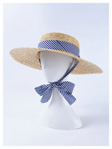 Boho Sun Beach Hat - Wide Striped Ribbon Straw Hat