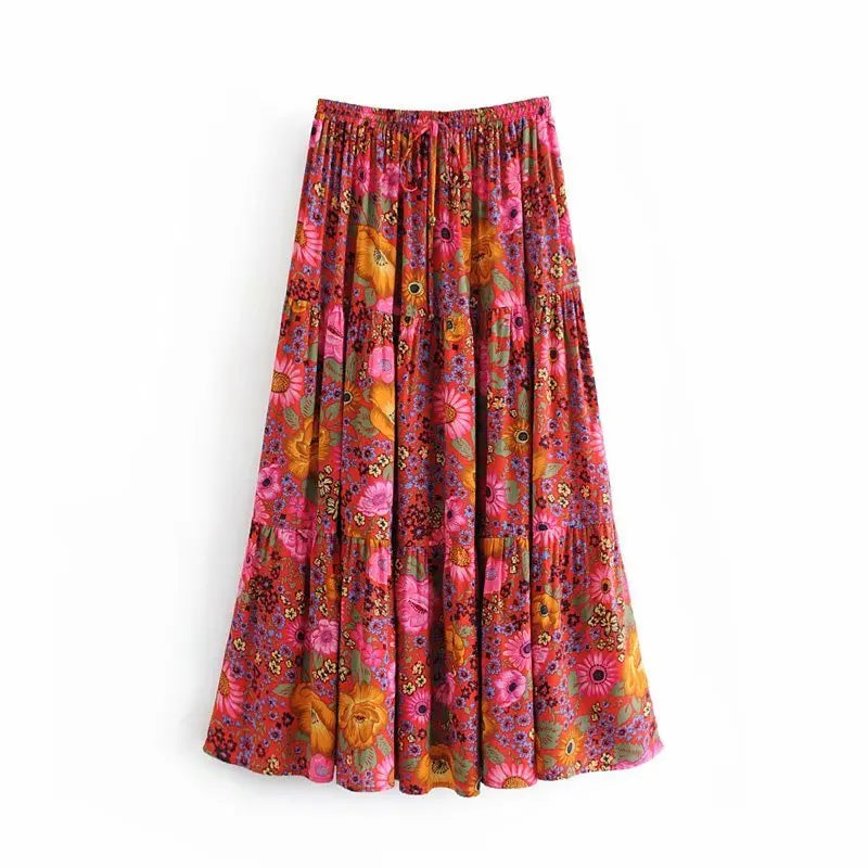 Boho Maxi Skirt – Petuni Floral Hippie Style Skirt in Mustard Yellow for Women, Summer, and Festivals