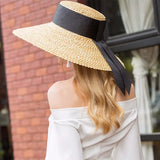 Boho Sun Beach Hat - Wide Brim Straw Hat with Black Ribbon