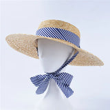 Boho Sun Beach Hat - Wide Striped Ribbon Straw Hat