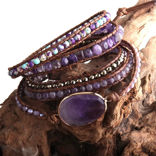 Boho Bracelet - RH 5-Layer Leather Wrap with Oval Jasper Natural Stones