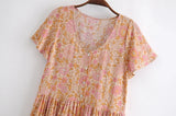 Boho Mini Dress – “Orchid Mosaic” Floral V-Neck Short Sleeve Mini Dress