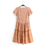 Boho Mini Dress – “Orchid Mosaic” Floral V-Neck Short Sleeve Mini Dress
