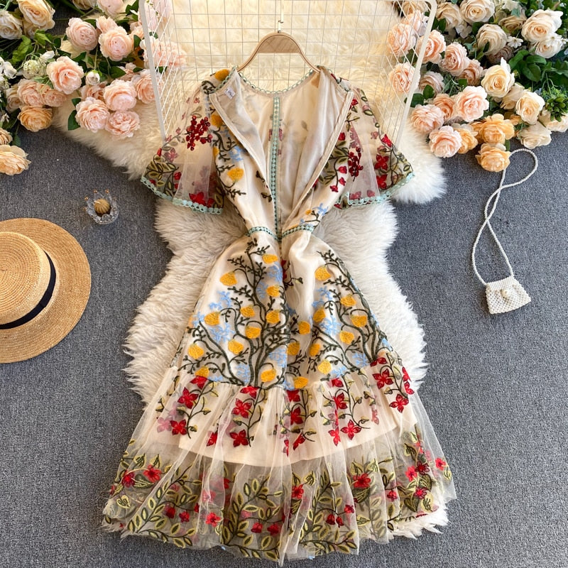 SMTHMA New 2022 Fashion Runway Summer Dress Women's Flare Sleeve Floral Embroidery Elegant Mesh Hollow Out Mini Dresses Vestidos
